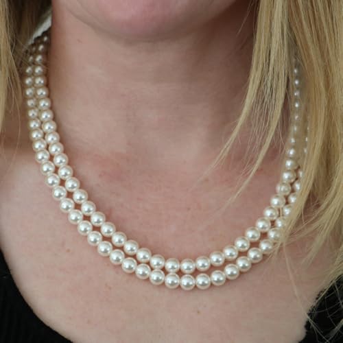 Rosemarie Collections Double-Strand Classic Simulated Pearl Necklace And Earring Set - Adjustable Faux Pearl Necklaces for Women - Elegant Jewelry for Special Occasions & Everyday Wear - color: 8mm, White Pearl Silver Tone