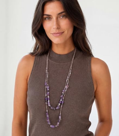 Noessla Boho Long Beaded Necklaces for Women Double Layer Chunky Irregular Stone Beads Strand Statement Jewelry Mothers Day Gifts - color: Amethyst