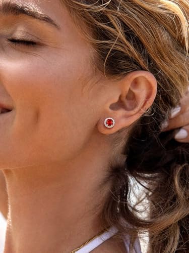 Suplight 925 Sterling Silver Birthstone Stud Earrings for Women, Round/Heart/Teardrop/Square Crystal Diamond Earrings for Women, Dainty Birthday Gifts Jewelry - color: style a-07. round-July(Created Ruby)