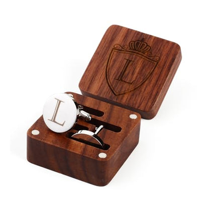 Mens Initial Silver Cufflinks A-Z Alphabet Letter Steel Cuff Links with Engraved Walnut Wood Box Groom Groomsman Wedding Set… - style: L