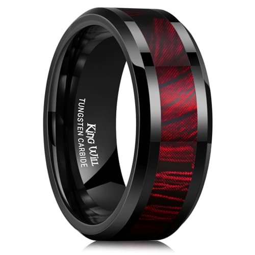 King Will Tungsten Wedding Band Wood Inlay for Men Black Beveled Edge | Black, 8mm, Beveled Edge, Comfort Fit, Wood inlay, Promise Gift - color: Black-Red