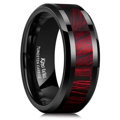 King Will Tungsten Wedding Band Wood Inlay for Men Black Beveled Edge | Black, 8mm, Beveled Edge, Comfort Fit, Wood inlay, Promise Gift - color: Black-Red