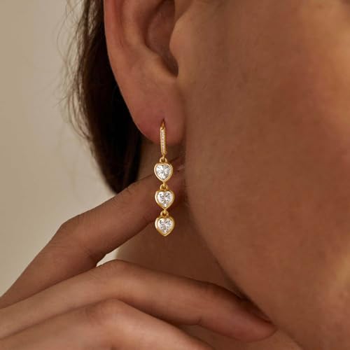Dangle Earrings for Women Trendy, 14K Gold Plated CZ Huggie Drop Earrings, Dainty Long Chain Prom Wedding Jewelry Gift for Her - style: Heart CZ