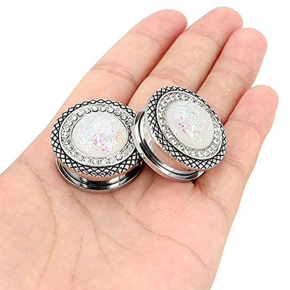 Qmcandy 2pcs 2G-1 inch Stainless Steel Mother of Pearl or Opal Screw Ear Plugs Gauges Piercing - color: A White Opal 11/16"(18mm)