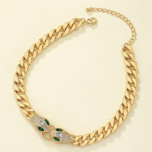 Punk Animal Snake Choker Necklace Hip Hop Rhinestone Snake head Cuban Link Chain Necklace Chunky Cuban Chain Crystal Jewelry for Women Gifts - color: Style A Gold