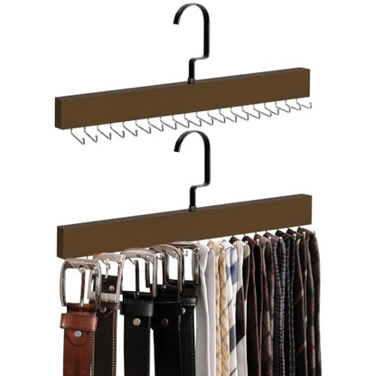 StorageWorks Tie Hanger with 20 Swivel Hooks, 2 Pack Wooden Hanger, Walunt | Sturdy Walnut Tie Wooden Hanger with 180° Swivel Hooks, Space Saver Rack for Ties, Belts, Scarves in Closet - color: Walnut