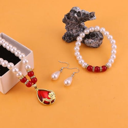 CSIYANJRY99 Pearl Jewelry Set for Women Prom Accessorie Faux Pearl Necklace Bracelet Earring Set Bride Bridesmaid Costume White Jewelry Sets - color: A-Red