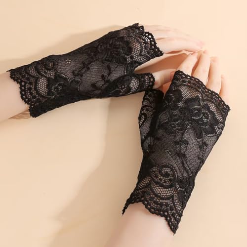 Women's Goth Accessories Set - Black Lace Fingerless Gloves and Velvet Choker Necklace for Halloween, Prom, 1920s Party & Gothic Cosplay