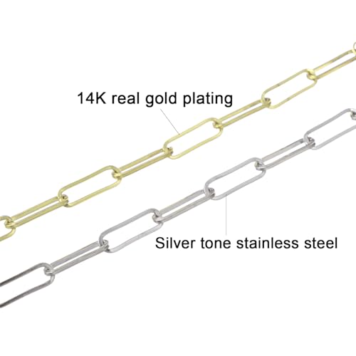 kelistom 14K Gold Filled Stainless Steel Paperclip Chain Bracelet for Women, 7.5” Rectangle Link Bracelets, Waterproof and Never Tarnish - color: 14K gold-5mm+extender