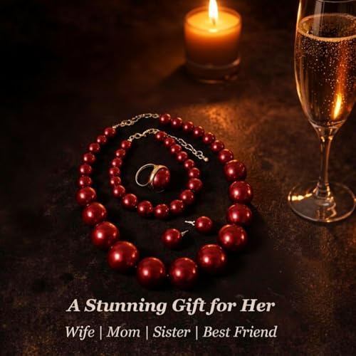 Pearl Jewelry Set for Women Pearl Necklace and Earring Set Bridal Jewelry Set for Wedding Elegant Pearl Jewelry - color: A1：SET-4-Burgundy
