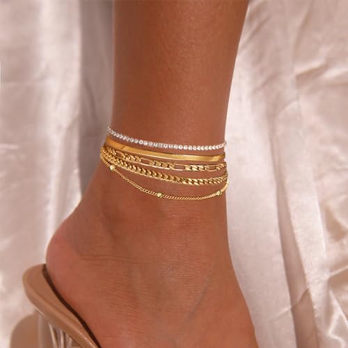 Gold Ankle Bracelets for Women,14k Gold Plated Anklets Waterproof Cuban Link Tennis Herringbone Beaded Chain Anklets Set Layered Anklet Bracelets for Women Adjustable Summer Beach Jewelry 5pcs - color: A:Gold cuban+bead+tennis+herringbone+figaro