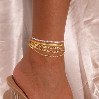 Gold Ankle Bracelets for Women,14k Gold Plated Anklets Waterproof Cuban Link Tennis Herringbone Beaded Chain Anklets Set Layered Anklet Bracelets for Women Adjustable Summer Beach Jewelry 5pcs - color: A:Gold cuban+bead+tennis+herringbone+figaro