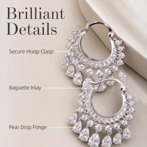 Hoop Earrings with Teardrop Dangles, Clear Crystal Chandelier Fringe Drop, Luxury Bridal Wedding Jewelry Gifts for Women