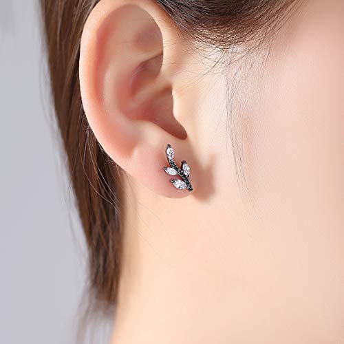 Ear Climber Crawler Earring for Women Cubic Zircon Leaves Stud Earrings | TEMICO Sexy Black Crystals Leaf Ear Cuffs Cartilage Post Studs Hypoallergenic Jewelry