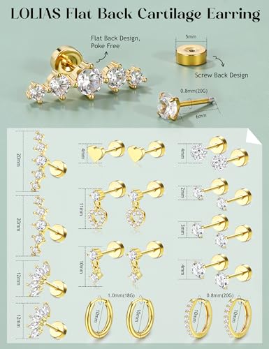 LOLIAS Flat Back Earrings for Women,20G Conch Tragus Helix Piercing Jewelry | Hypoallergenic Cartilage Earring Stacks,Surgical Stainless Steel Earrings for Sensitive Ears,Flatback Stud,Hoop,Earring Set - color: 14K Gold Plated
