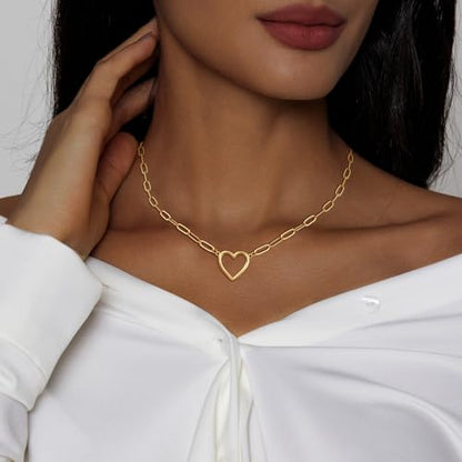 Airmb Heart Necklace for Women Gold/Silver Plated Trendy Heart Choker Lover Pendant Hypoallergenic Fashion Gold/Silver Necklace for Women Love Jewelry Gift for Women Girlfriend - color: Paperclip Open Heart-Gold