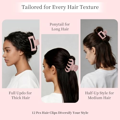 Small Medium Claw Clips for Women, 3 Styles Hair Clips for Thick and Thin Hair, Non-slip Strong Hold, 12 Pcs (Pink) - color: Pink