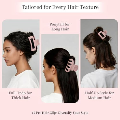 Small Medium Claw Clips for Women, 3 Styles Hair Clips for Thick and Thin Hair, Non-slip Strong Hold, 12 Pcs (Pink) - color: Pink
