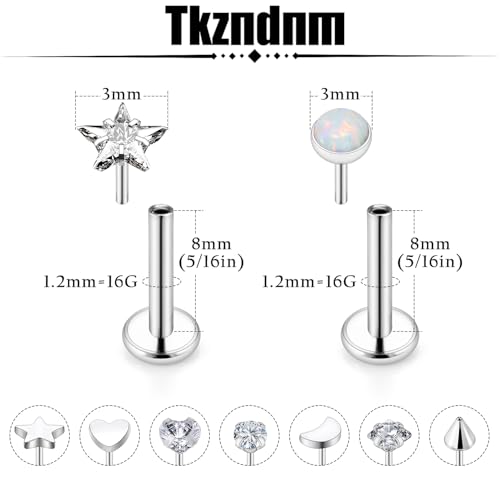 Threadless Noses Rings, Flat Back Earrings, 20/18/16g-Gauge 5/16in-Post 3mm-Top, Hypoallergenic Surgical Steel Medusa Lip Labret Cartilage Helix Tragus Conch Piercing Jewelry for Women Men - color: White, size: 16g*8mm