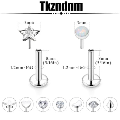 Threadless Noses Rings, Flat Back Earrings, 20/18/16g-Gauge 5/16in-Post 3mm-Top, Hypoallergenic Surgical Steel Medusa Lip Labret Cartilage Helix Tragus Conch Piercing Jewelry for Women Men - color: White, size: 16g*8mm