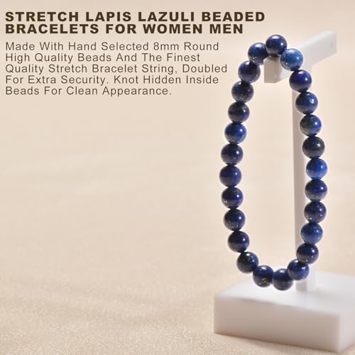 Agate Round Beaded Bracelet for Women Men Natural Agates Stone Healing Bracelets Stretch Elastic Handmade Polished Gemstone Beads Bracelet - color: Lapis Lazuli, size: 8mm Beads