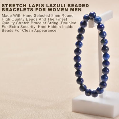 Agate Round Beaded Bracelet for Women Men Natural Agates Stone Healing Bracelets Stretch Elastic Handmade Polished Gemstone Beads Bracelet - color: Lapis Lazuli, size: 8mm Beads