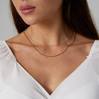 Herringbone Choker Necklace Set Double Layer Snake Chain Herringbone Chain Necklace Layering Necklace Set Cuban Chain Necklace for Women - style: 1.5mm Snake+ Ochain-GD