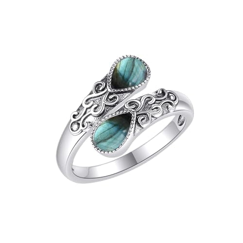Ring for Women Sterling Silver Adjustable Band Open Rings Jewelry Gifts for Girls - style: Labradorite