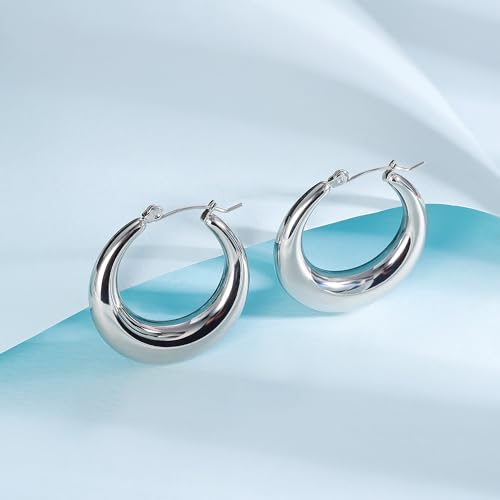 316L Chunky Stainless Steel Hoop Earrings, Fashionable Lightweight Hollow Open Hoops, Hypoallergenic Whtie Gold Plated Pipe Earrings for Women - style: 20mm, White Gold
