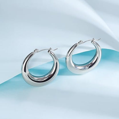 316L Chunky Stainless Steel Hoop Earrings, Fashionable Lightweight Hollow Open Hoops, Hypoallergenic Whtie Gold Plated Pipe Earrings for Women - style: 20mm, White Gold