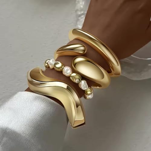 MOZAKA 4PCS Chunky Gold Bangle Bracelets for Women | Trendy Wide Wrist Cuff Bracelets Stack Statement Bangle Fashion Jewelry Gift - color: gold