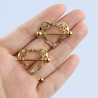 14G Heart Nipple Rings for Women Surgical Steel CZ Nipple Piercings Nipple Barbells Nipple Bars Gold Silver Rose Gold - color: Gold