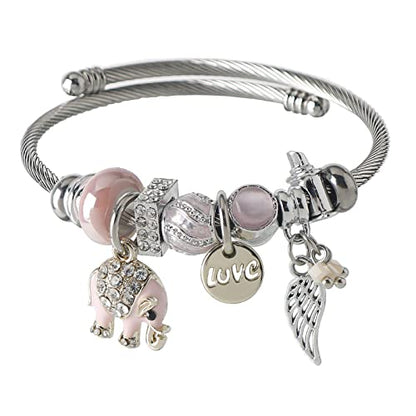 DS Charm Bracelets for girls,exquisite cute cartoon friendship bracelets Silver Stainless Steel Bangle with birthday Gift box, Adjustable girls jewelry Suitable for holiday gifts - style: Silver-pink elephant