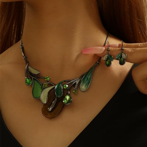 Chunky Statement Jewelry Set Vintage Retro Leaf Flower Floral Geometric Bohemian Boho Bib Necklace Earring Set Fashion Costume Jewelry for Women Girls Wedding Party Prom Unique Gift - style: teardrop leaf-green yellow