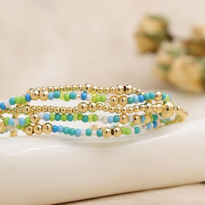 Gold Beaded Stackable Friendship Bracelets Set for Women, Handmade Boho Stretch Summer Jewelry Gift. - color: Gold Blue White Green