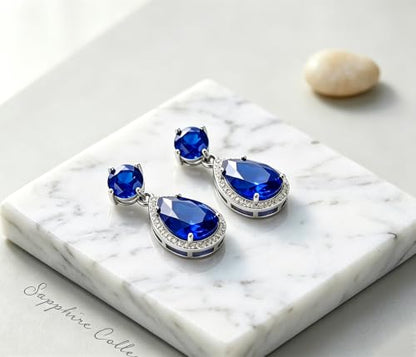 Drop Dangle Earrings Teardrop Gemstone Waterdrop White Gold Plated Crystal Hanging Cubic Zirconia Ruby Sapphire Emerald Jewelry Gift for Women Mother Wife - color: Sapphire