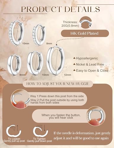 Jstyle Small Gold Hoop Earrings for Women, CZ/Plain Hoops Earring Stacks | Hypoallergenic Earing Hoops for Sensitive Ears, Secure Clasps, Huggie Earrings Stack Set for Cartilage, 14K Gold/Silver/Black - color: Silver Tone