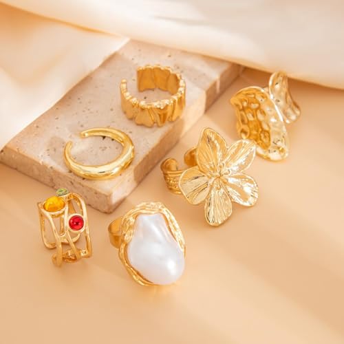Chunky Gold Gemstone Ring Set for Women Adjustable Stackable Statement Rings Punk Geometric Turquoise Minimalist Jewelry - style: style L