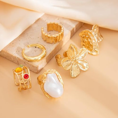 Chunky Gold Gemstone Ring Set for Women Adjustable Stackable Statement Rings Punk Geometric Turquoise Minimalist Jewelry - style: style L