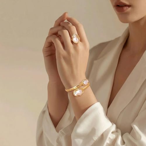 Vintage Irregular Pearl Bracelet Ring Set for Women, Chunky Cuff White Gold Matching Jewelry, Prom Fashion Accessories