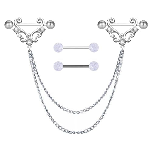 VERAMI 14G 316L Double Chain Connecting Heart CZ Nipple Rings Stainless Steel Skull Angel Piercing Barbell Body Pierced Jewelry for Women - color: Silver-A