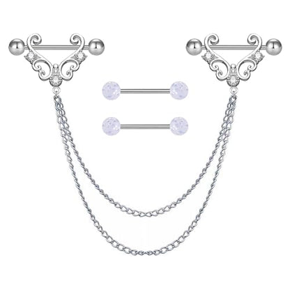 VERAMI 14G 316L Double Chain Connecting Heart CZ Nipple Rings Stainless Steel Skull Angel Piercing Barbell Body Pierced Jewelry for Women - color: Silver-A