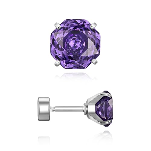 Zircon Flat Back Screw Hypoallergenic Surgical Steel Stud Earrings - color: Simply Purple, size: 1ct - 0.24 Inch (6mm), None Gift Box