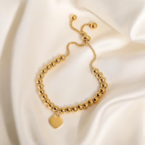 Trendy Heart Beads Bracelets For Elegant Women Adjustable 18K Gold Plated Stainless Steel Jewelry - color: gold heart beads