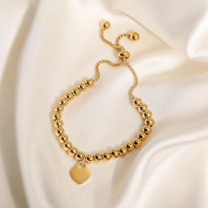 Trendy Heart Beads Bracelets For Elegant Women Adjustable 18K Gold Plated Stainless Steel Jewelry - color: gold heart beads