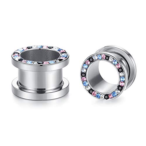 WBRWP 2pcs Hollow Gold Stainless Steel with Zircon Ear Plugs Tunnels - Ear Expander - Ear Gauges Stretcher Body Piercing Jewelry 8g-5/8 - color: Silver color with colorful CZ