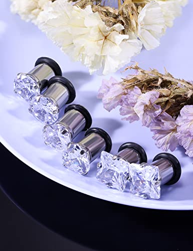 8G 6G 4G 2G 0G 1/2 inch Stainless Steel Ear Gauges - Round, Square, Heart, Cubic Zirconia - 3mm to 12mm - Silver, 3 Pairs - color: Gauge=2g=6mm
