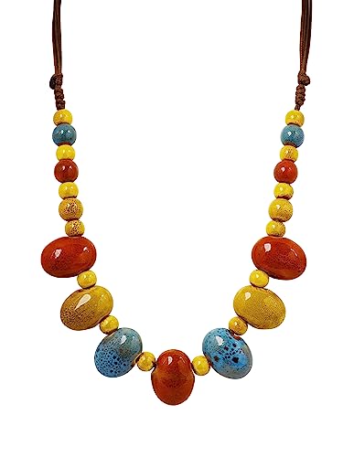 MINACHI Bohemian Hippie Colorful Ceramic Geometric Bead Strand Necklace, Vintage Boho Statement Jewelry Gift for Women - color: S02A