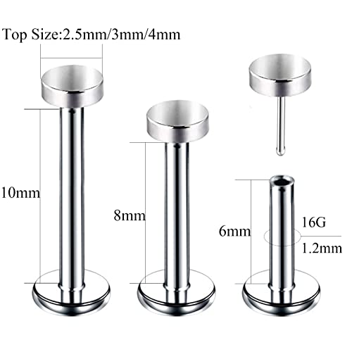 3pcs G23 Titanium 20G/18G/16G 6mm/8mm/10mm/12mm Press Fit Threadless Push Pop 2.5mm 3mm 4mm Flat Top 4mm Flat Back Piercing Lip Stud Earring Labret Monroe Lip Ring Tragus Cartilage Earring Stud - color: 16G-3pcs Bar Length: 6mm 8mm 10mm
