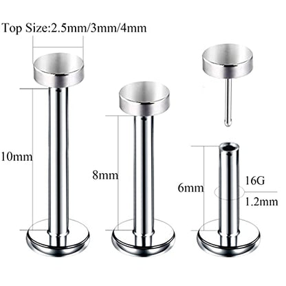 3pcs G23 Titanium 20G/18G/16G 6mm/8mm/10mm/12mm Press Fit Threadless Push Pop 2.5mm 3mm 4mm Flat Top 4mm Flat Back Piercing Lip Stud Earring Labret Monroe Lip Ring Tragus Cartilage Earring Stud - color: 16G-3pcs Bar Length: 6mm 8mm 10mm
